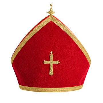 Red bishop mitre hat with gold cross ornament and trim isolated on the transparent background for religious and ecclesiastical themes
