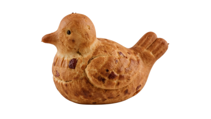 Homemade bird shaped bread isolated on the transparent background, creative baked goods, fun animal shaped pastry for festivals and childrens parties