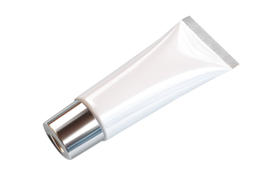 Cream tube plastic luxurious white portable lid silver isolated on cutout PNG or transparent background. Modern bottle packaging products. Collapsible squeeze tube cosmetic containers with flip lid. - Powered by Adobe