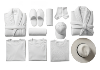 Collection of white hotel amenities including bathrobes, slippers, towels, tshirts, socks, and a hat, isolated on transparent background