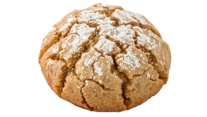 Rustic amaretti cookie with powdered sugar on the transparent background, traditional italian almond biscuit dessert, homemade sweet pastry treat