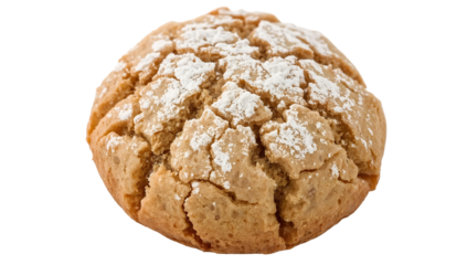 Rustic amaretti cookie with powdered sugar on the transparent background, traditional italian almond biscuit dessert, homemade sweet pastry treat