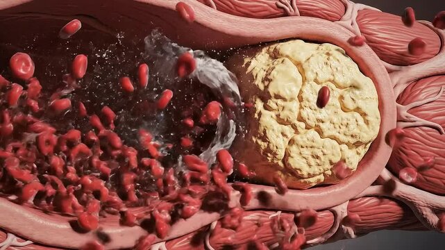 Realistic 3D medical animation depicting a dangerous blood clot forming within a human artery blocking red blood cells flow illustrating atherosclerosis