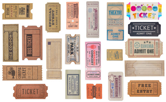 a collection of old vintage ticket isolated on white background
