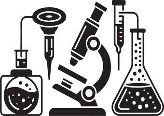 Black and white illustration of laboratory equipment with liquids science microscope