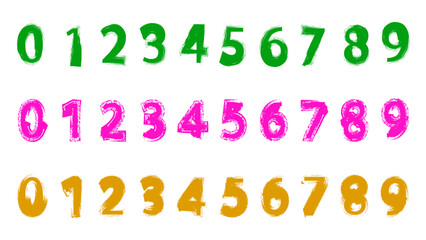 Hand-drawn grunge alphabet zero to nine in green, pink, and yellow for background or decoration, isolated on a transparent background vector illustration. 