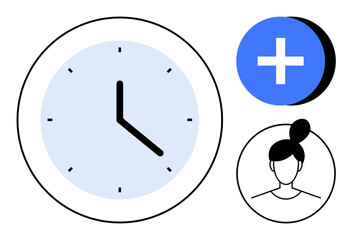 Time management. Clock, user avatar, and plus symbol time management for scheduling and adding user features. Time management ensures optimized productivity and user functionality. For apps