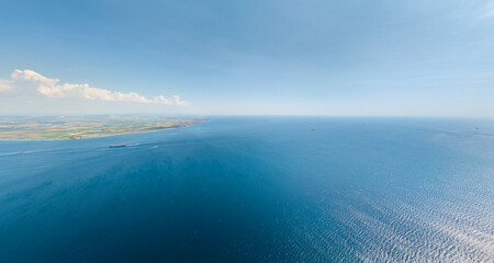 Seddulbahir, Turkey. Panoramic aerial view of ships at Dardanelles Strait entrance near Kumkale on eastern shore, a key international waterway to Black Sea. Aerial view