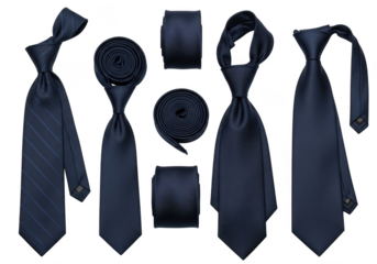 A collection of navy blue silk ties and rolled ties, isolated on transparent background