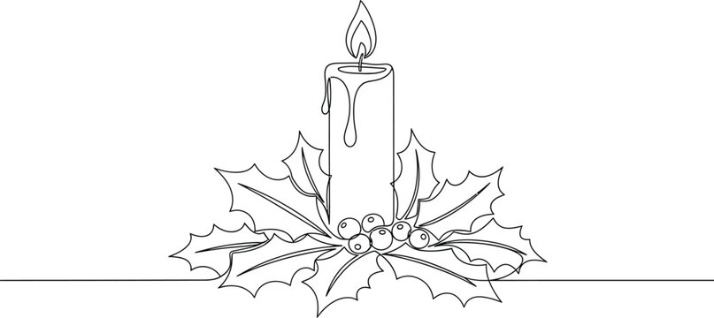 Candle flame holly berries christmas holiday winter decoration line drawing