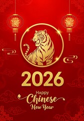 Happy chinese new year 2026 with a golden tiger in a circular frame, red lanterns, and festive patterns on a vibrant red background