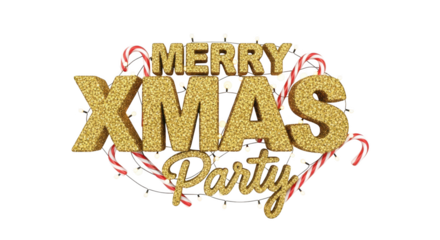 Glittery gold merry xmas party text with candy cane border isolated on transparent background