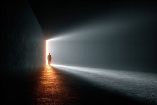 Walking toward the light in a dark corridor symbolizes hope and discovery on a misty evening - Powered by Adobe