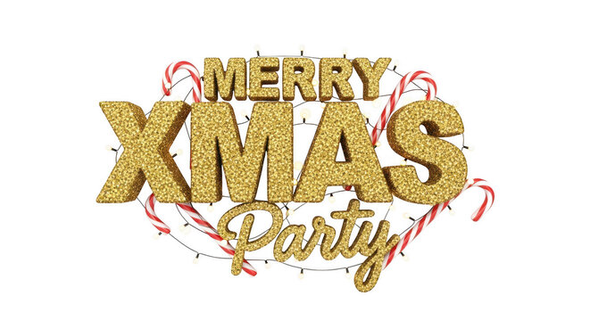 Glittery gold merry xmas party text with candy cane border isolated on transparent background - Powered by Adobe
