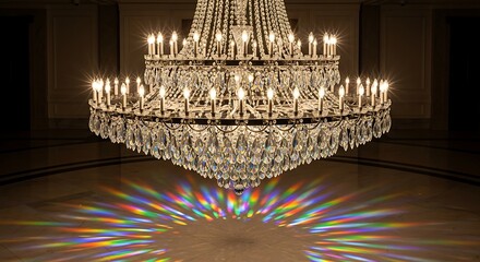 Luxurious crystal chandelier casting colorful rainbow light reflections on the floor in a dark room
