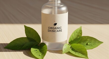 Organic skincare product bottle with leaves for natural beauty routine
