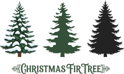 Christmas fir tree variations set with snow-covered branches, solid green, and black silhouette vector illustrations isolated on white
