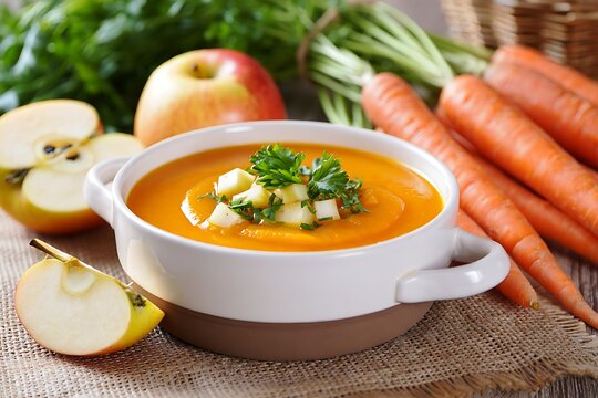Bowl of carrot and apple soup with garnish
