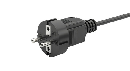Closeup of a black european type f schuko electrical power plug and cord isolated on transparent background
