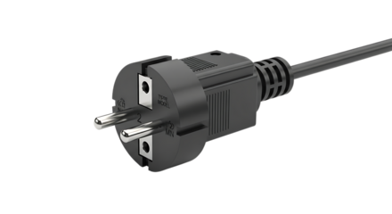 Closeup of a black european type f schuko electrical power plug and cord isolated on transparent background