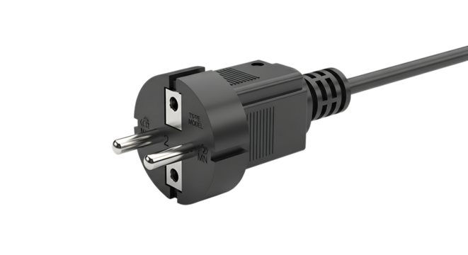 Closeup of a black european type f schuko electrical power plug and cord isolated on transparent background