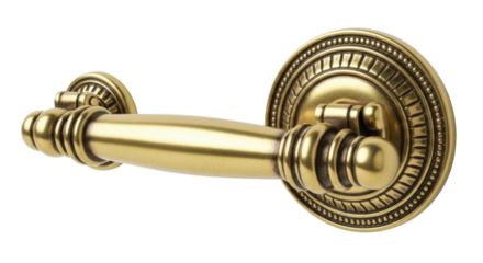 Antique brass drawer pull handle with ornate backplate transparent background cutout png