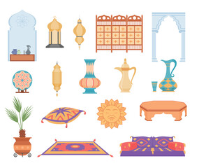 A collection of various interior design elements in a Middle Eastern style. It includes decorative lamps, ceramics, pillows, and traditional furniture.