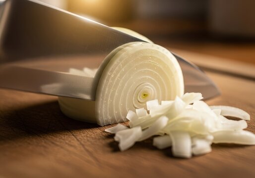 Sharp knife cutting through onion on wooden chopping block surface