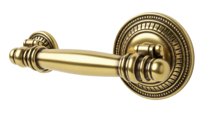 Antique brass drawer pull handle with ornate backplate transparent background cutout png