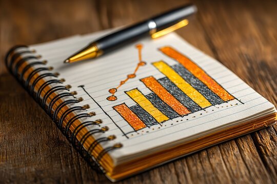 Creative chart analysis captured in a notebook with vibrant colors and stylish pen resting beside it