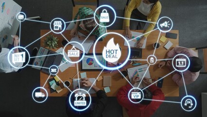 Sale and promotion icons with hot deal, discount tag, shopping bag, limited offer, coupon, VIP...