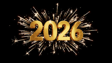 Golden 2026 numbers exploding with fireworks on black background