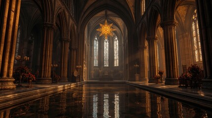 Gothic cathedral interior with stained glass window and reflective floor
