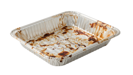 Used aluminum baking tray with grease and sauce stains isolated on the transparent background for cooking cleanup or food waste concepts