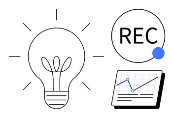 Light bulb as creativity, analytics chart for data insights, and recording icon for documentation. Ideal for innovation, strategy, planning, creativity, analytics education brainstorming. Simple