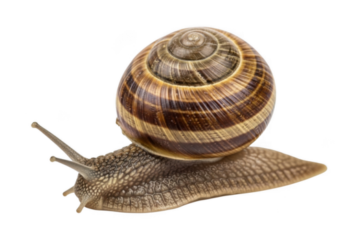 A garden snail with a striped shell crawling, isolated on transparent background