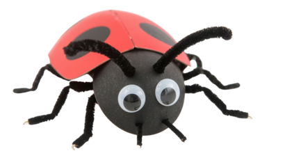 Cute ladybug craft with googly eyes and pipe cleaner legs on the transparent background for kids activities and education