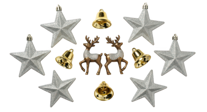 Collection of silver star and gold bell christmas ornament decoration isolated on transparent background - Powered by Adobe