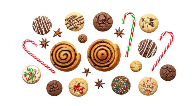 Assortment of christmas cookie and cinnamon roll treat isolated on transparent background