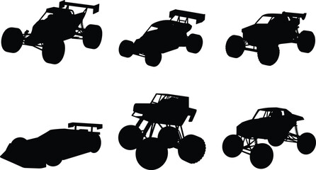 RC car silhouettes vector set, off road buggy, monster truck and racing vehicle black collection, hobby toy design set.