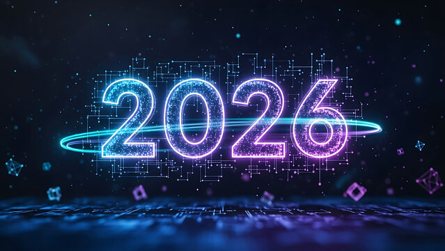 Futuristic neon 2026 year display with digital circuitry and geometric shapes