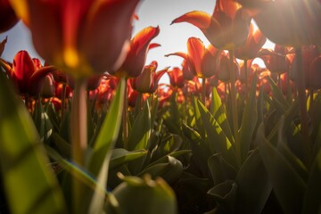 Red tulips field at sunset