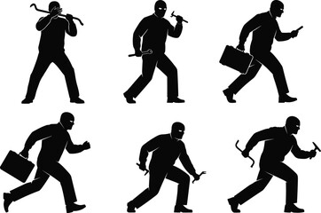 Thief silhouette vector set, criminal man in mask holding crowbar and running, burglar robbing poses collection isolated on white background.