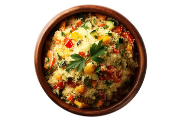 Wooden bowl filled with fluffy couscous, roasted zucchini, peppers, carrots, and herbs on isolated white transparent background, concept of healthy Arabic food