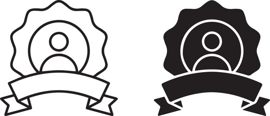 Badge with user icon,ribbon,outline,silhouette person icon, profile picture  user icon, avatar icon, badge symbol, logo design, minimal style, vector illustration, flat design