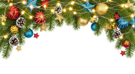 Christmas tree garland border with ornament and light isolated on transparent background