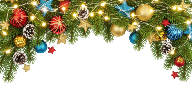 Christmas tree garland border with ornament and light isolated on transparent background - Powered by Adobe