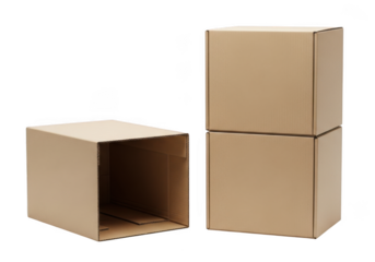 Two cardboard boxes stacked and one open box isolated on transparent background