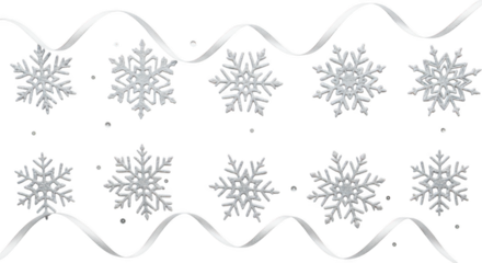 Collection of silver glitter snowflake decoration isolated on transparent background