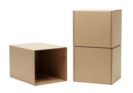 Two cardboard boxes stacked and one open box isolated on transparent background